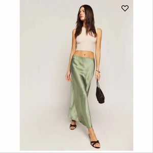 Reformation 100% Silk Layla Skirt in Artichoke